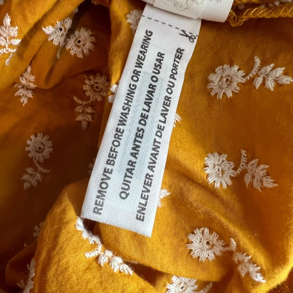 JCrew Mustard Peasant Blouse White Embroidered Flowers Keyhole Front - Picture 11 of 12